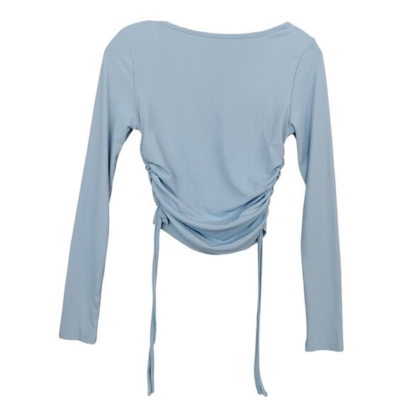 Shein Ribbed Blouse Size Small Blue Long Sleeve Ruched Sides Wide Round Neck - Picture 5 of 6